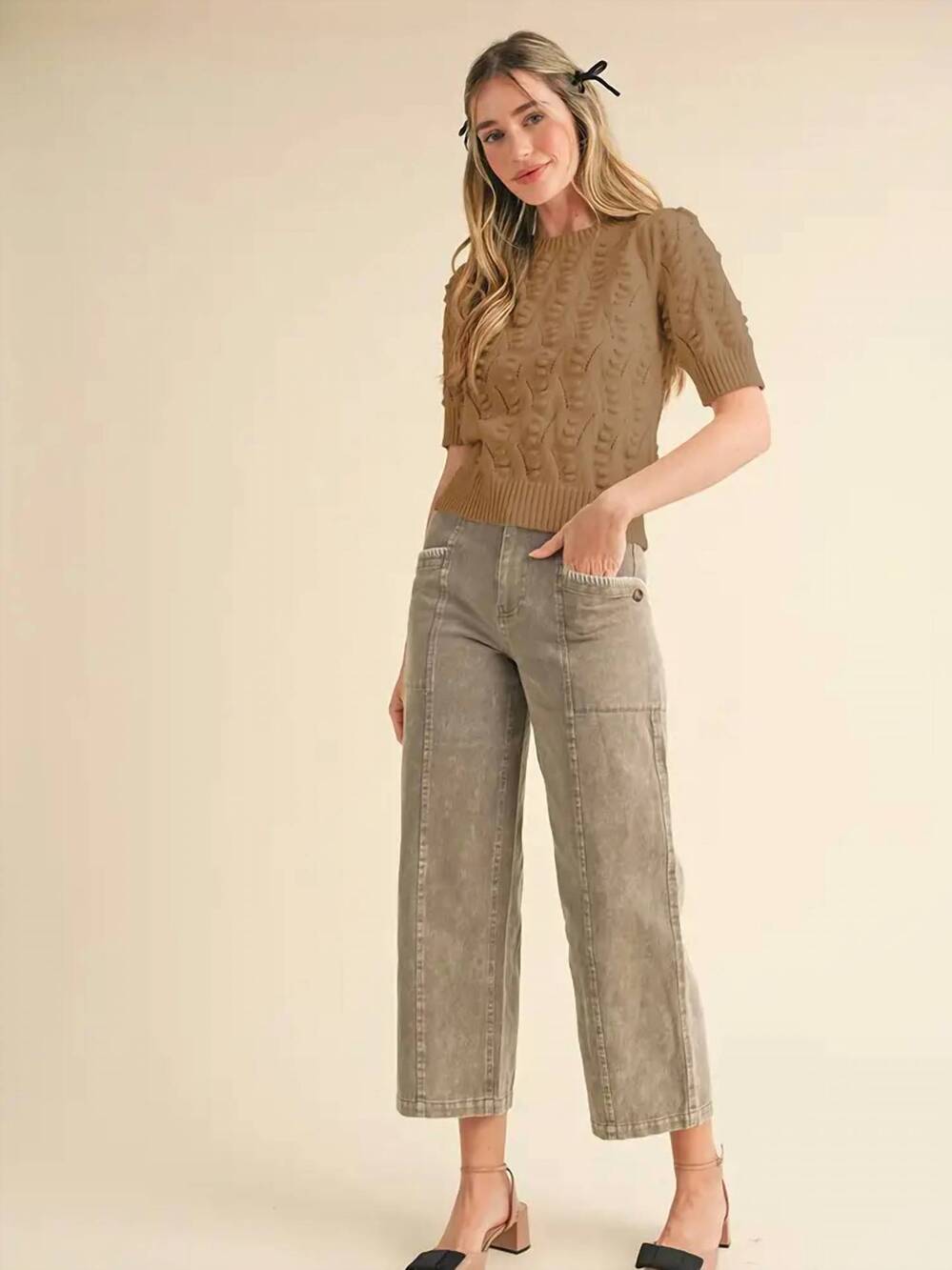 NEW &MERCI popcorn knit pointelle short sleeve sweater in beige taupe